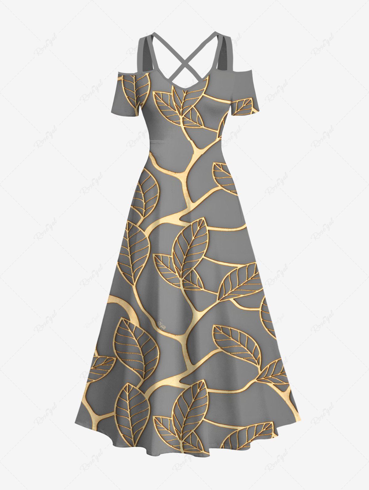 Outfits Plus Size Metallic Leaf Print Cold Shoulder Crisscross Hawaii Maxi Dress  