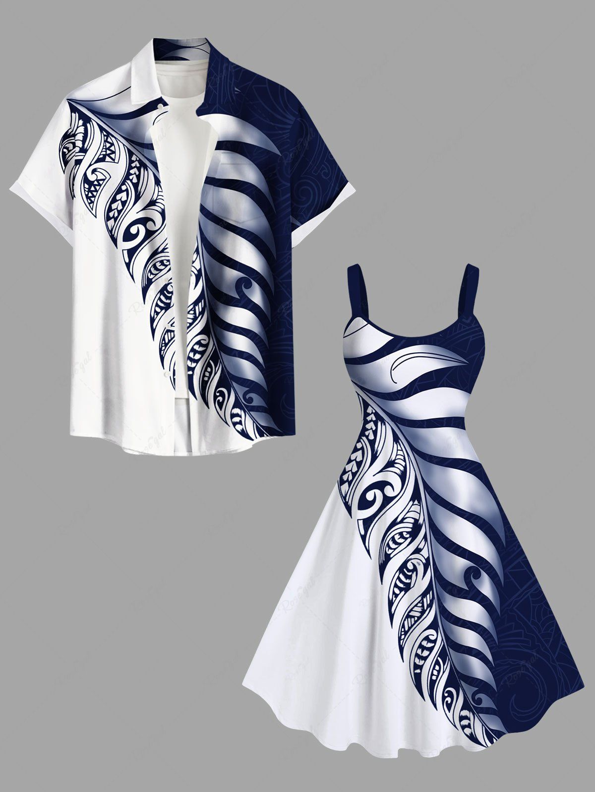 Two Tone Contrast Colorblock Tropical Leaf Print Plus Size Matching Hawaii Beach Outfit For Couples Blanc 