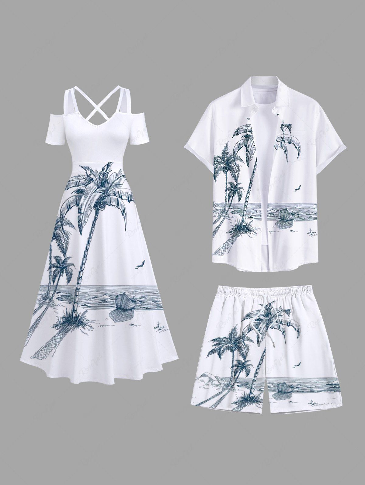 Discount Coconut Tree Seascape Boat Print Plus Size Matching Hawaii Beach Outfit For Couples  