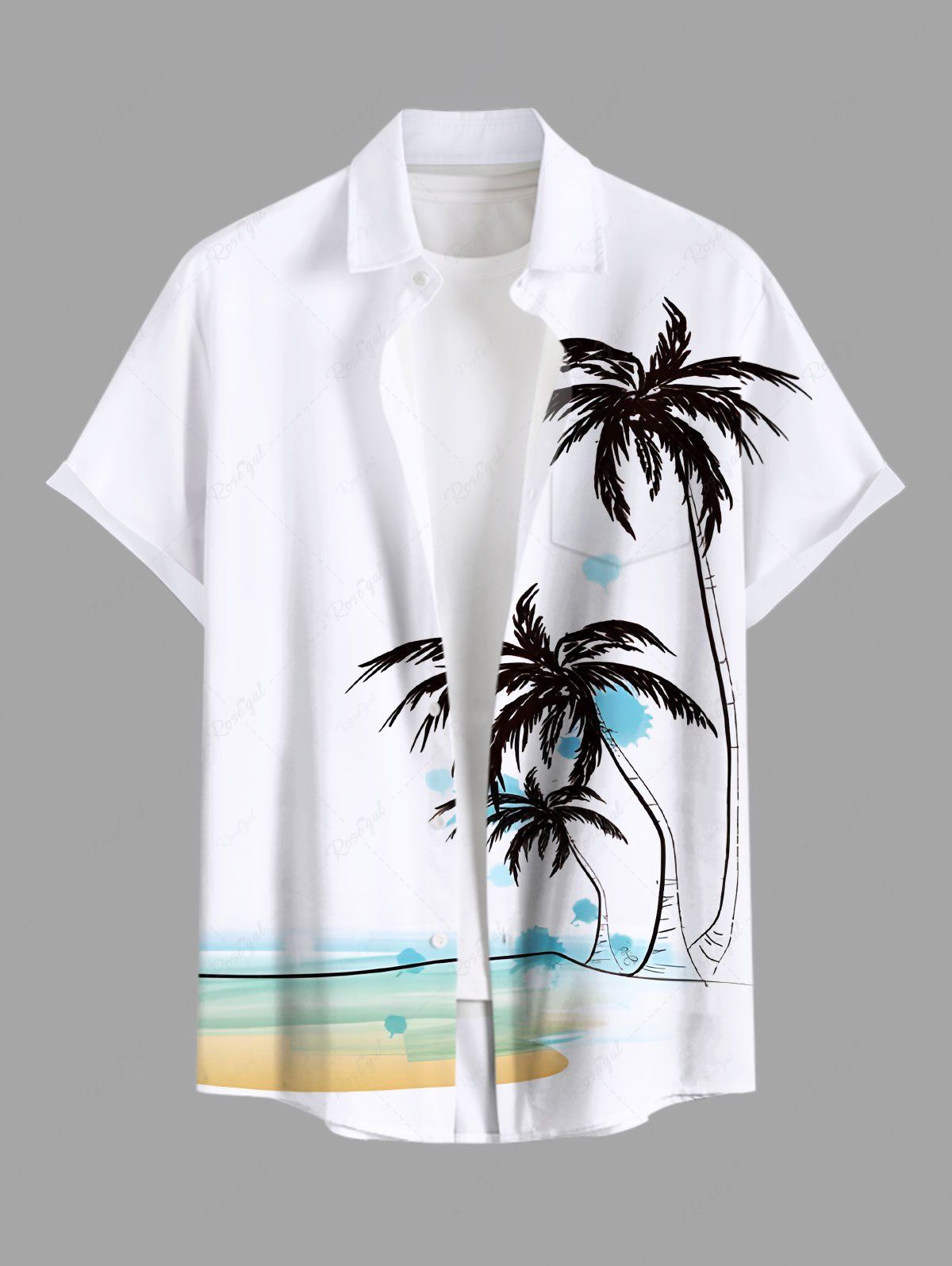 Shops Plus Size Coconut Tree Watercolor Beach Print Hawaii Button Pocket Shirt For Men  