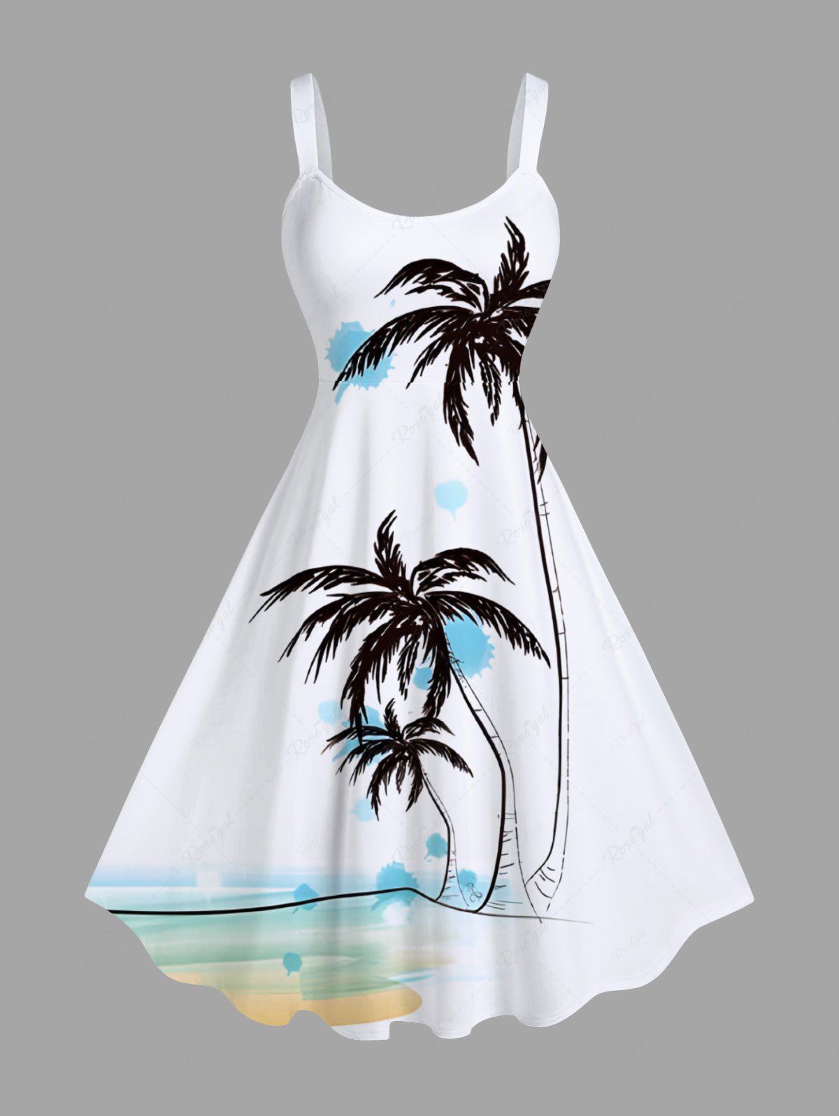 New Plus Size Coconut Tree Watercolor Beach Print Hawaii A Line Tank Dress  