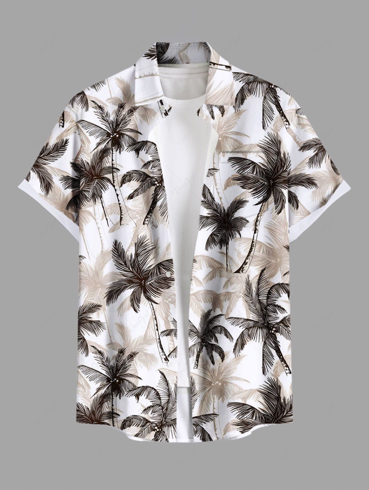 Sale Plus Size Coconut Tree Print Hawaii Button Pocket Shirt For Men  