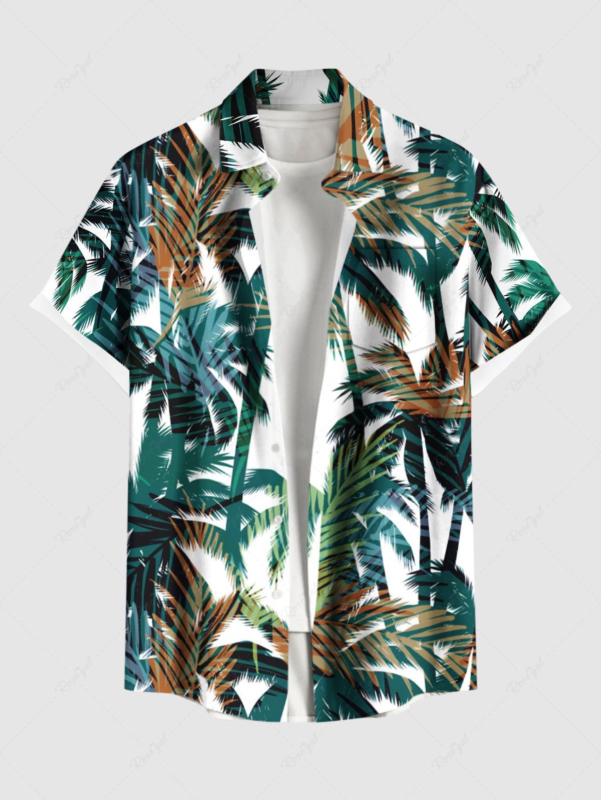 Fancy Plus Size Coconut Tree Tropical Leaves Print Hawaii Button Pocket Shirt For Men  