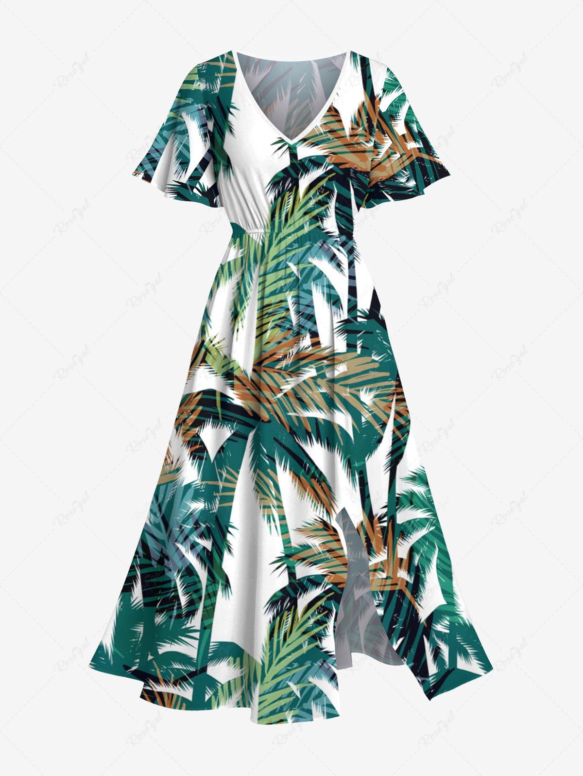 Fashion Plus Size Coconut Tree Tropical Leaves Print Hawaii Split Pocket A Line Midi Dress  