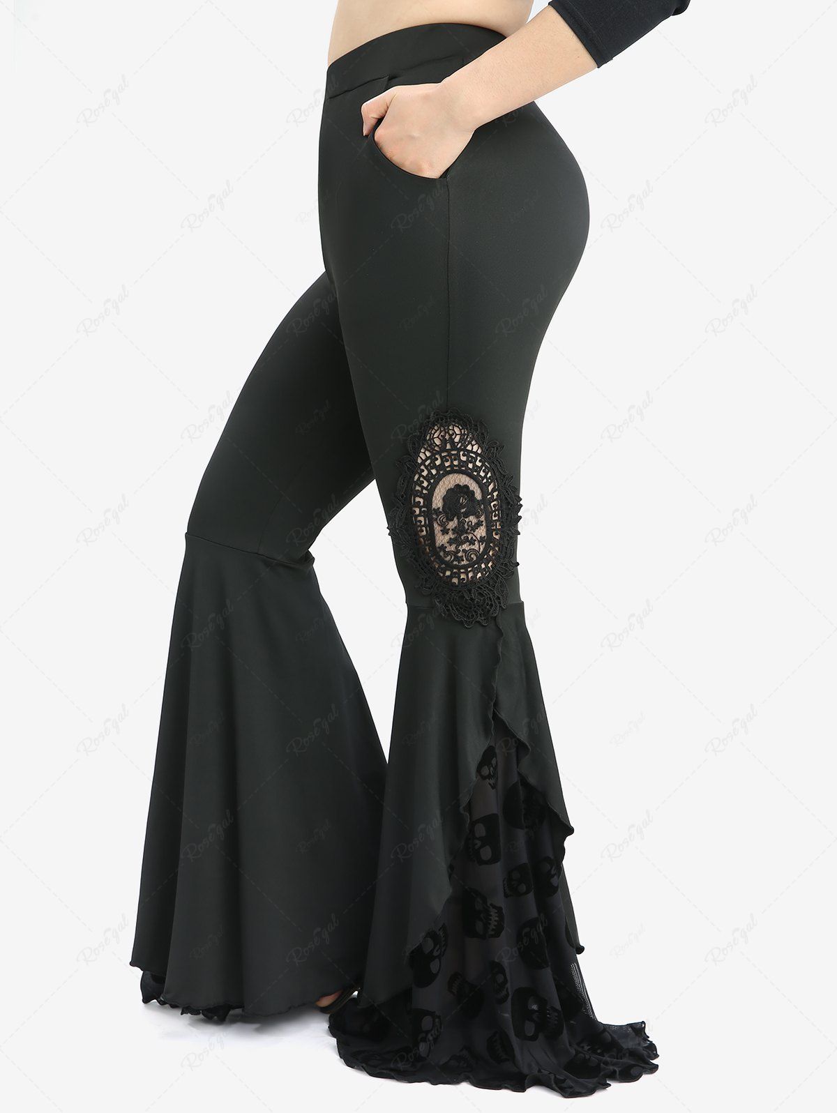 Fancy Plus Size Skull Mesh Flocking Ruffles Floral Applique Pockets Flare Pants  