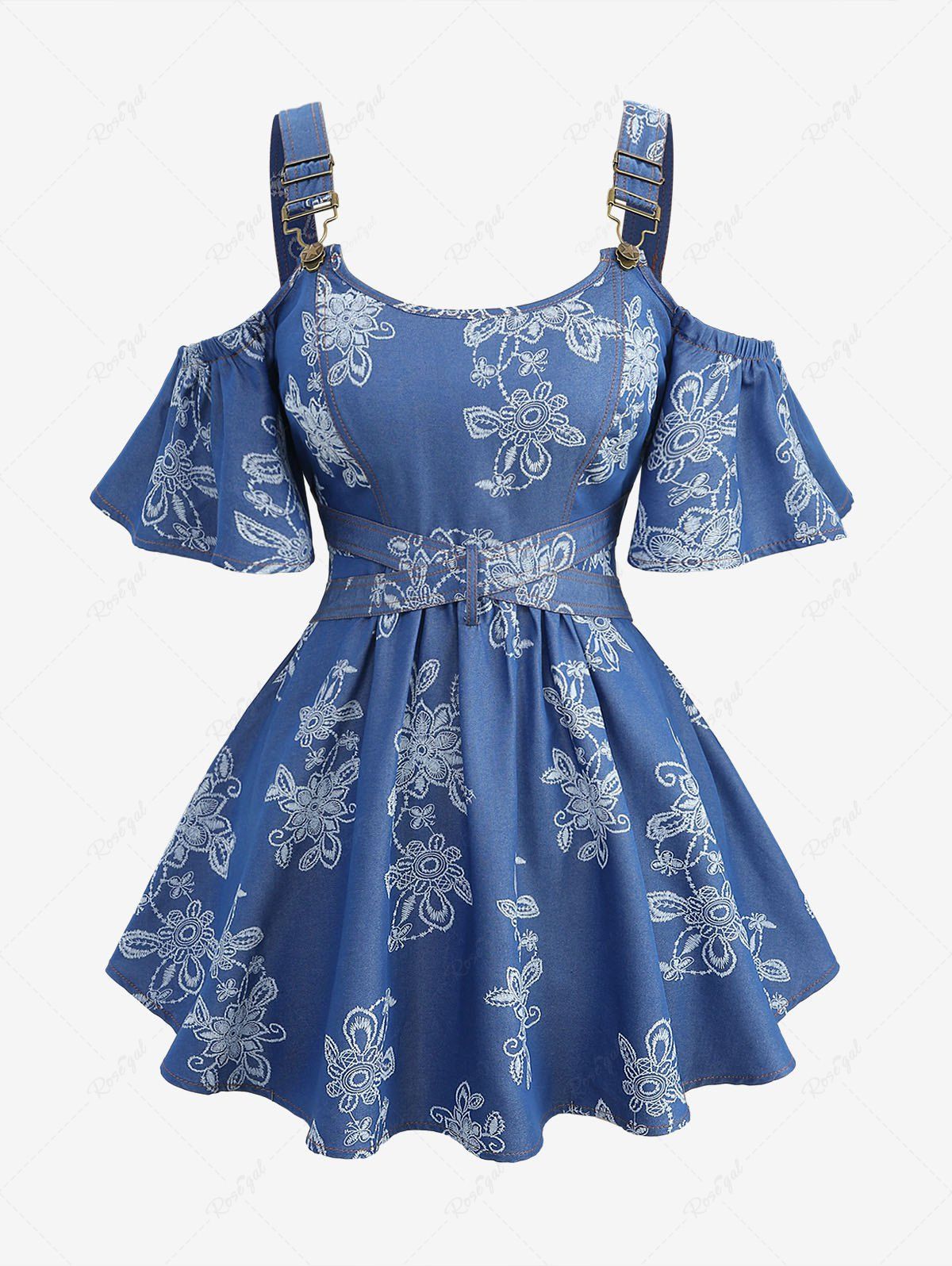 Affordable Plus Size Flowers Leaf Print Crisscross Belted Cold Shoulder Denim Top  