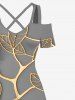 Plus Size Metallic Leaf Print Cold Shoulder Crisscross Hawaii Maxi Dress -  