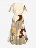 Robe Trapèze Mi-longue Imprimé Cocotier et Lune avec Poche Grande Taille - café lumière L