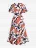 Plus Size Floral Tropical Leaves Print Hawaii Split Pocket A Line Midi Dress -  