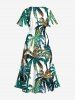 Plus Size Coconut Tree Tropical Leaves Print Hawaii Split Pocket A Line Midi Dress -  