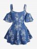 Plus Size Flowers Leaf Print Crisscross Belted Cold Shoulder Denim Top - Bleu L | US 12