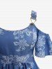 Plus Size Flowers Leaf Print Crisscross Belted Cold Shoulder Denim Top - Bleu L | US 12