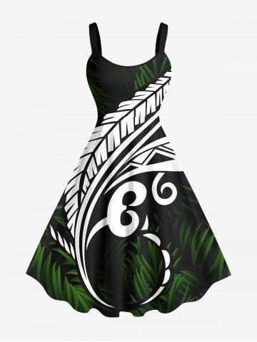Plus Size Tropical Leaf Paisley Floral Print Hawaii Tank Dress - BLACK - M