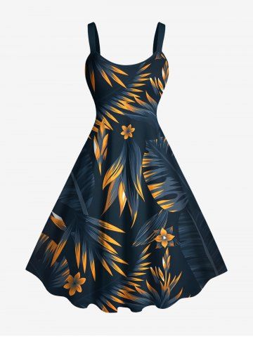 Plus Size Tropical Leaf Flowers Print Hawaii Tank Dress