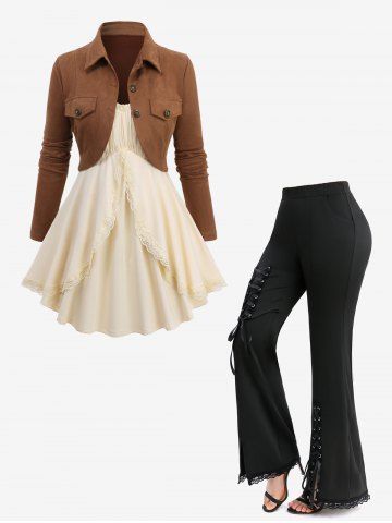 Ruched Bust Ruffles Solid Cami Top and Cropped Top Set and Lace-up Split Pockets Flare Pants Plus Size Outfit - COFFEE