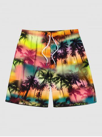 Plus Size Tie Dye Coconut Tree Print Hawaii Beach Shorts For Men