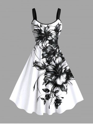 Plus Size Two Tone Hibiscus Flower Leaf Print Hawaii Tank Dress