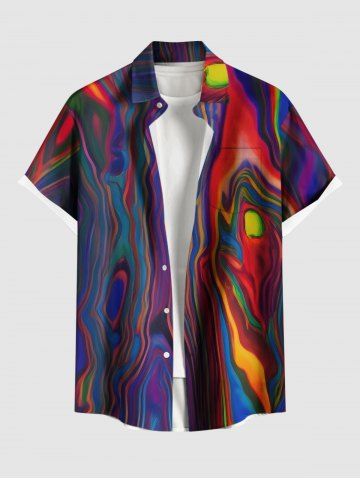 Plus Size Abstract Painting Colorful Beach Print Buttons Pocket Hawaii Shirt For Men - MULTI-E - M