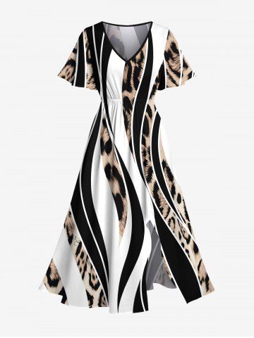Plus Size Leopard Curve Colorblock Print Hawaii Split Pocket A Line Midi Dress - BLACK - 3X