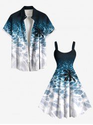 Tenue de Plage Trapèze à Imprimé Cocotiers et Eau Grande-Taille pour Couples - Bleu profond 