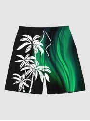 Short de Plage Hawaiien en Blocs de Couleurs Arbre et Noix de Coco Imprimés de Grande Taille - Noir L