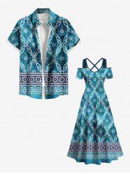 Ethnic Graphic Flower Print Plus Size Matching Hawaii Beach Outfit For Couples -  