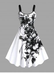 Plus Size Two Tone Hibiscus Flower Leaf Print Hawaii Tank Dress -  