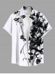Plus Size Two Tone Hibiscus Flower Leaf Print Buttons Pocket Hawaii Shirt For Men -  