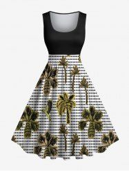 Robe Pin-Up Trapèze à Imprimé Cocotiers et Oiseaux Grande-Taille - Noir XS