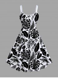 Robe Pin Up Feuille Tropicale Imprimée Ligne A de Grande Taille - Noir 6X