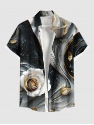 Plus Size Rose Flower Curve Galaxy Print Hawaii Button Pocket Shirt For Men -  