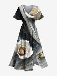 Plus Size Rose Flower Curve Galaxy Print Hawaii Split Pocket A Line Midi Dress - Noir XXS