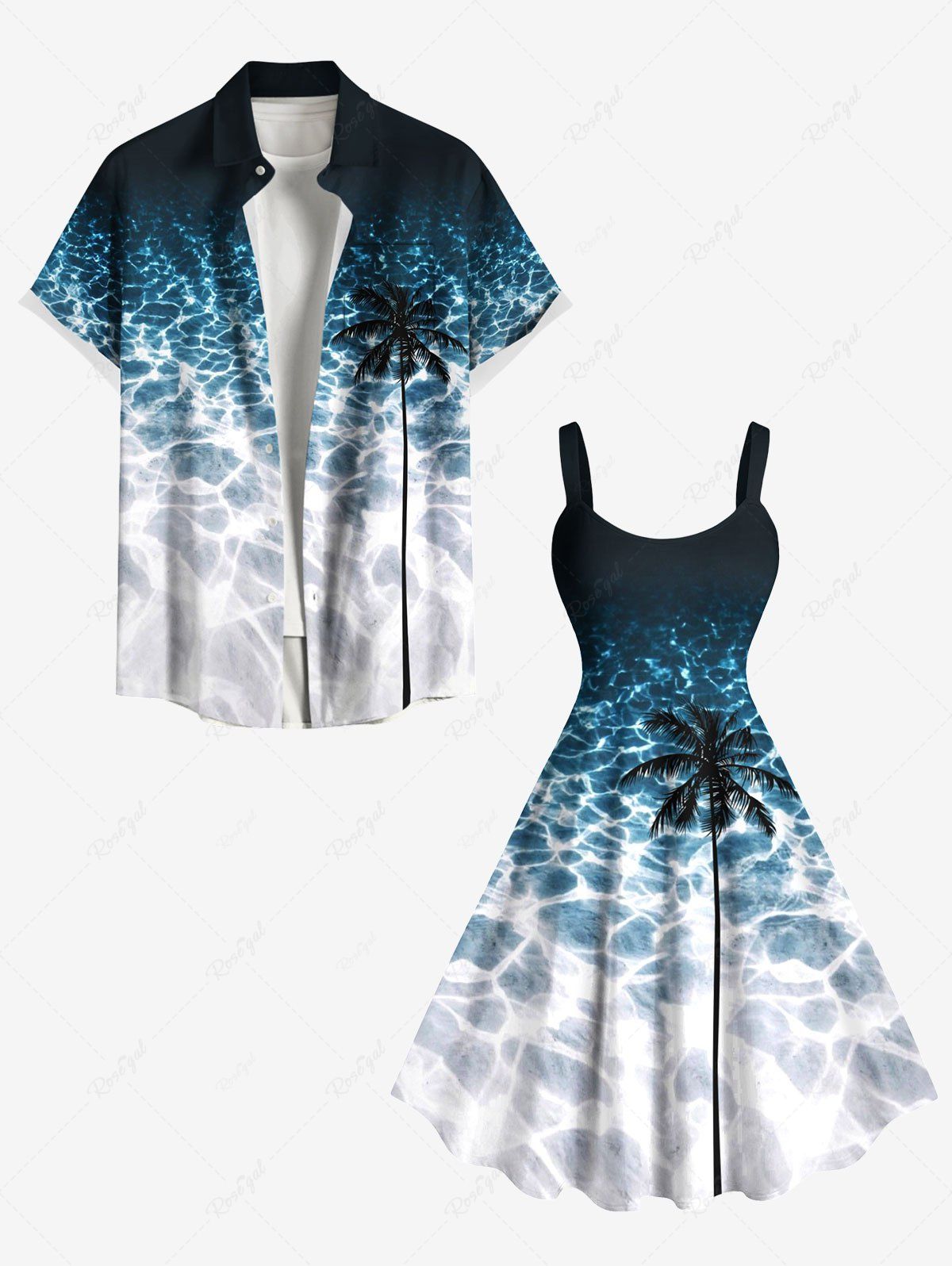 Tenue de Plage Trapèze à Imprimé Cocotiers et Eau Grande-Taille pour Couples Bleu profond 