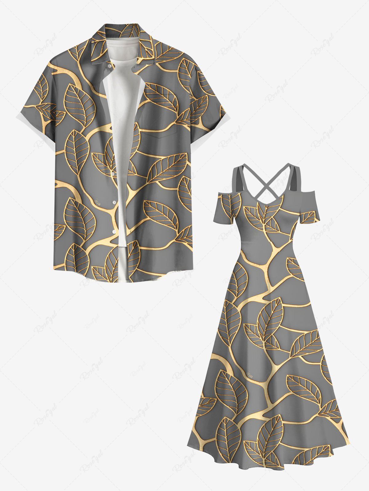 Affordable Metallic Leaf Print Plus Size Matching Hawaii Beach Outfit For Couples  