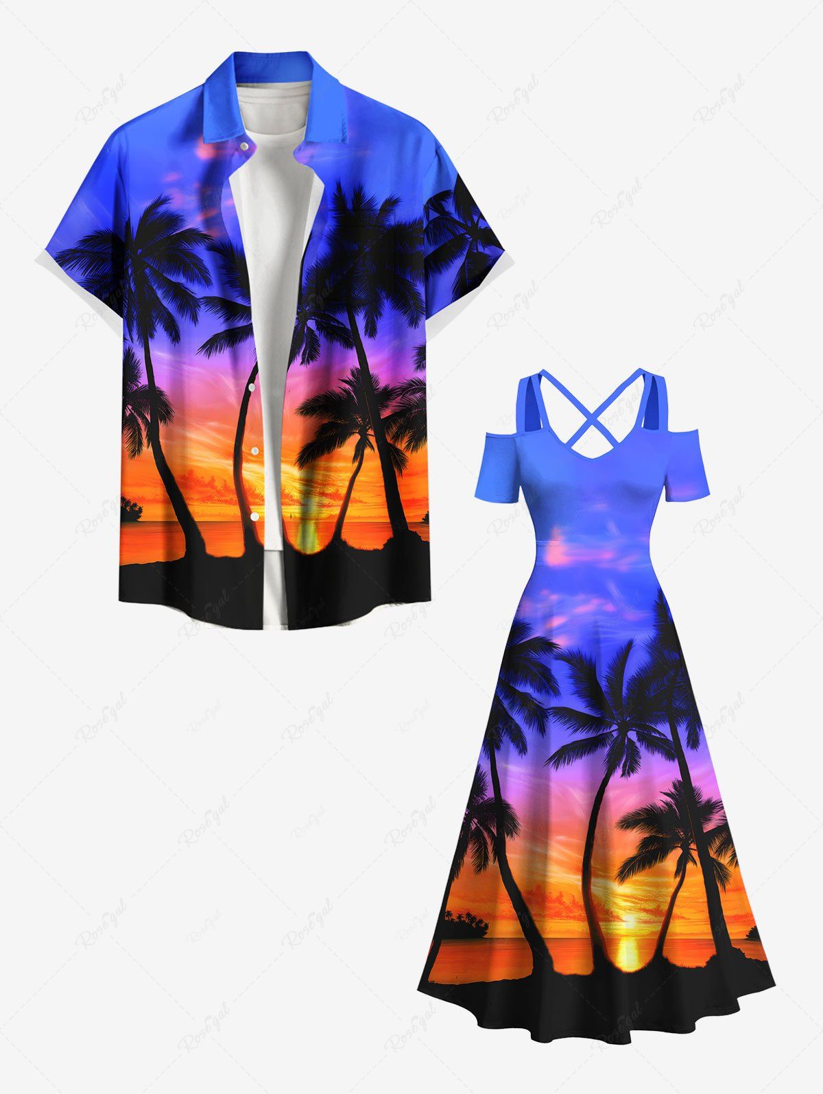 Tenue de Plage Grande Taille Imprimé Cocotiers et Ciel Coloré Bleu Ciel 