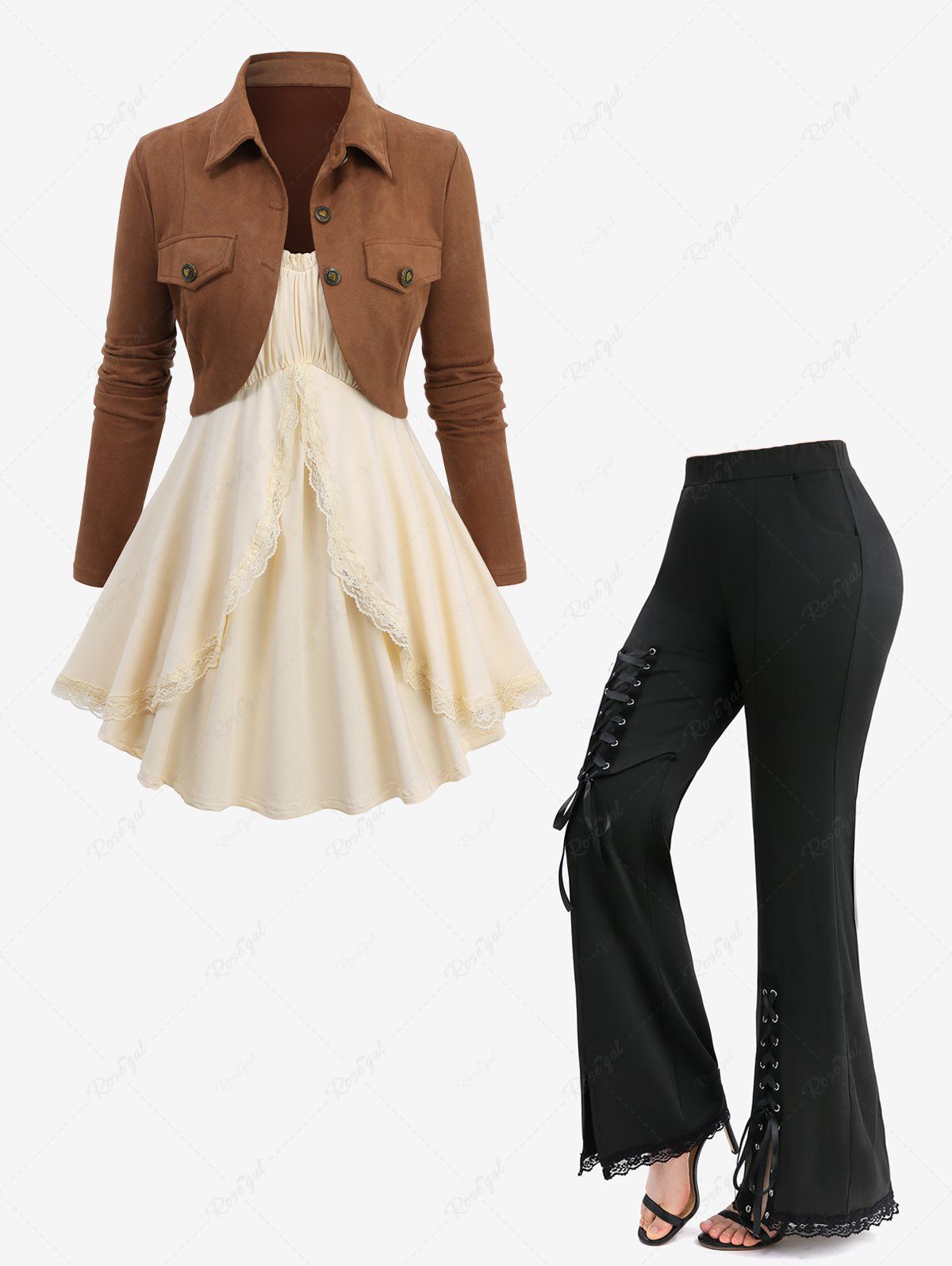 Fashion Ruched Bust Ruffles Solid Cami Top and Cropped Top Set and Lace-up Split Pockets Flare Pants Plus Size Outfit  