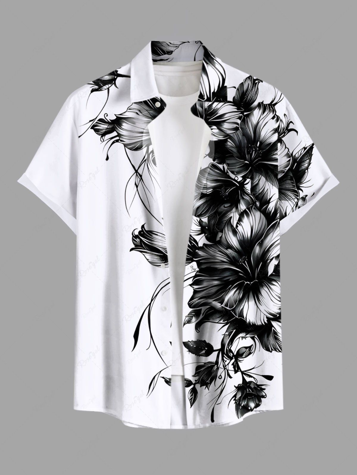 New Plus Size Two Tone Hibiscus Flower Leaf Print Buttons Pocket Hawaii Shirt For Men  