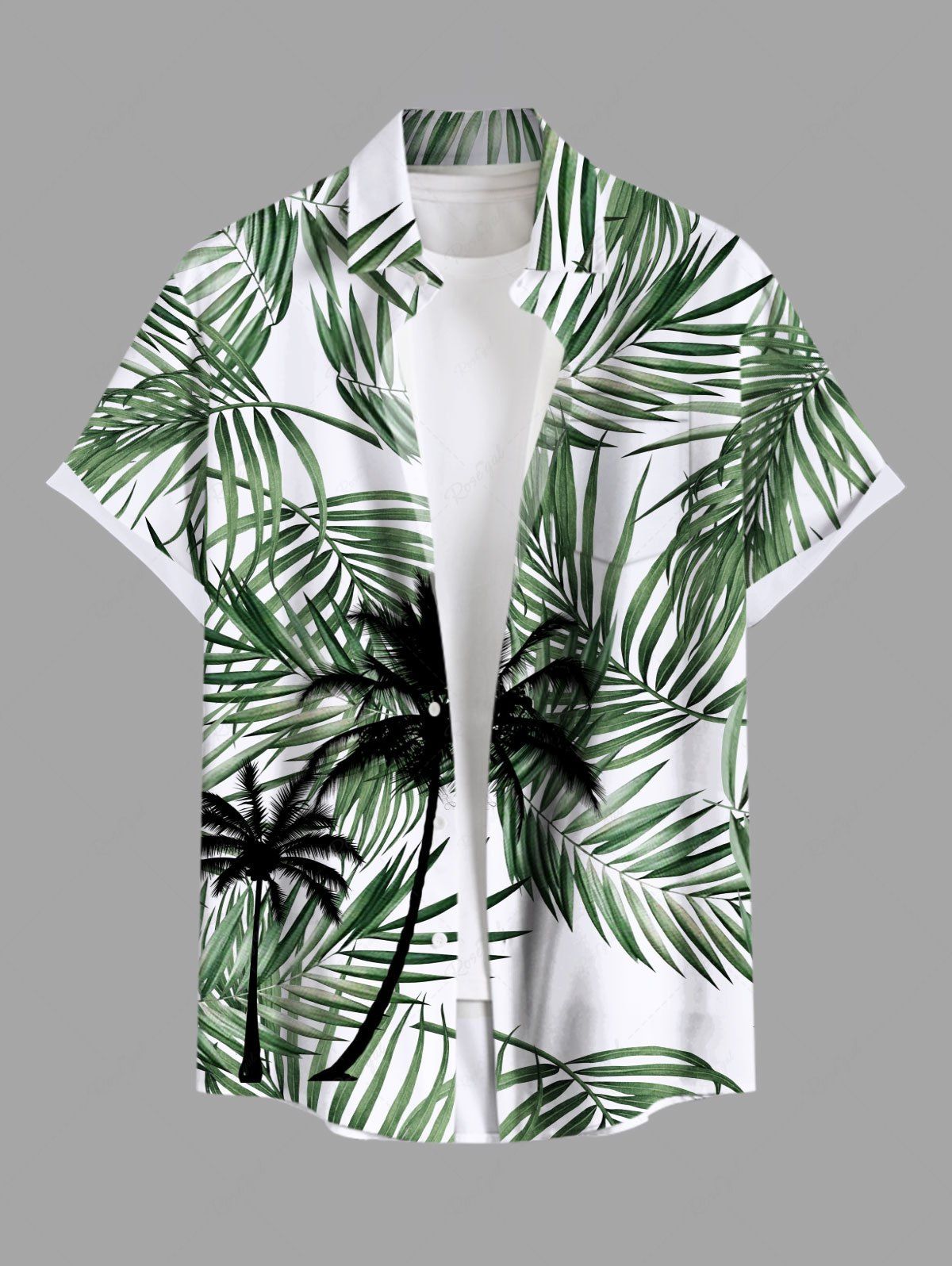 Trendy Plus Size Coconut Tree Tropical Leaf Print Buttons Pocket Hawaii Shirt For Men  