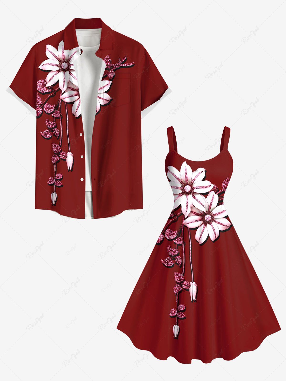 Glitter Sequins Floral Leaf Print Plus Size Matching Hawaii Beach Outfit For Couples Rouge 