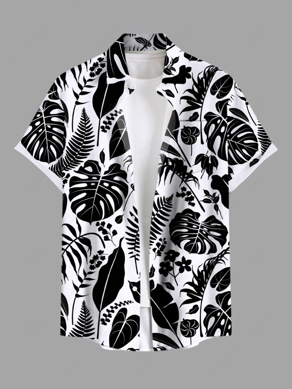 Store Plus Size Floral Tropical Leaves Two Tone Print Hawaii Button Pocket Shirt For Men  