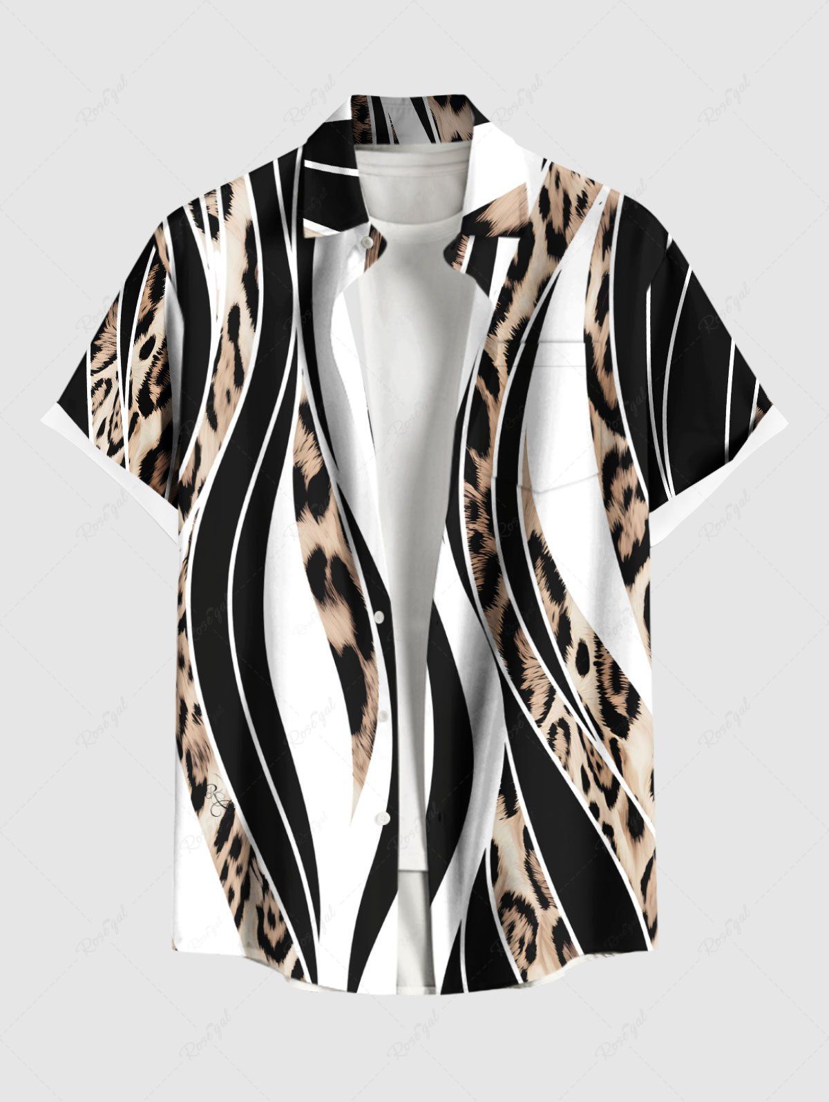 Online Plus Size Leopard Curve Colorblock Print Hawaii Button Pocket Shirt For Men  