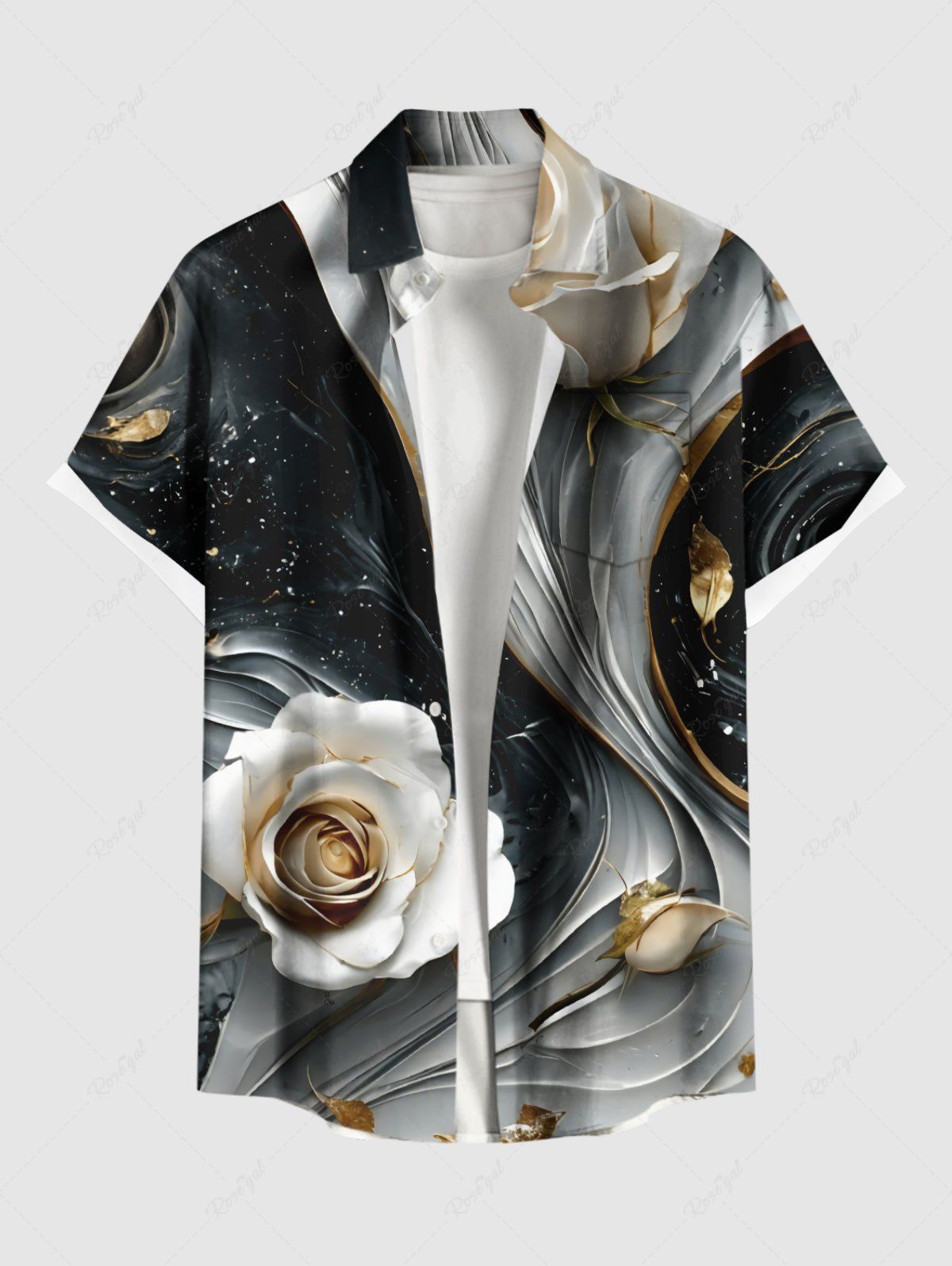 Outfit Plus Size Rose Flower Curve Galaxy Print Hawaii Button Pocket Shirt For Men  