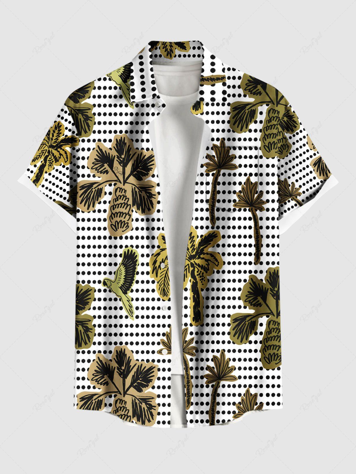 Store Plus Size Coconut Tree Birds Pin Dot Print Hawaii Button Pocket Shirt For Men  