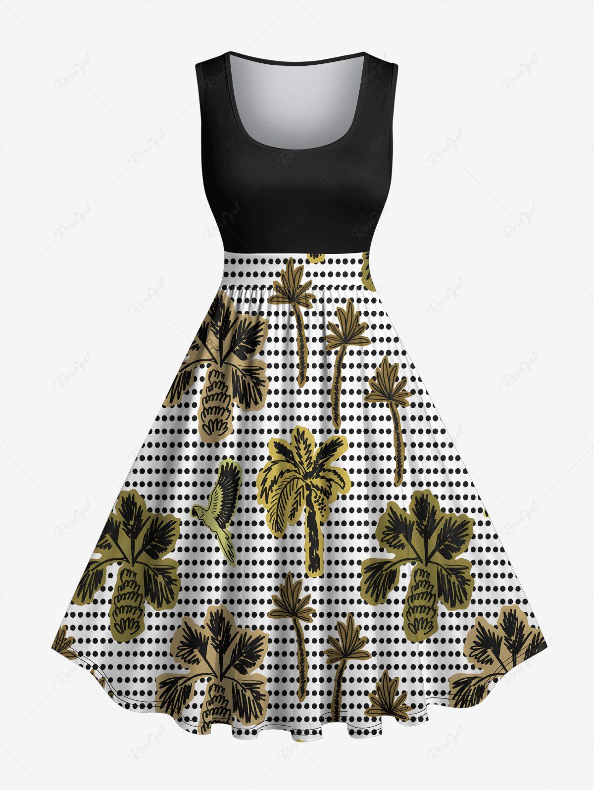 Discount Plus Size Coconut Tree Birds Pin Dot Print Hawaii Vintage Swing A Line Dress  