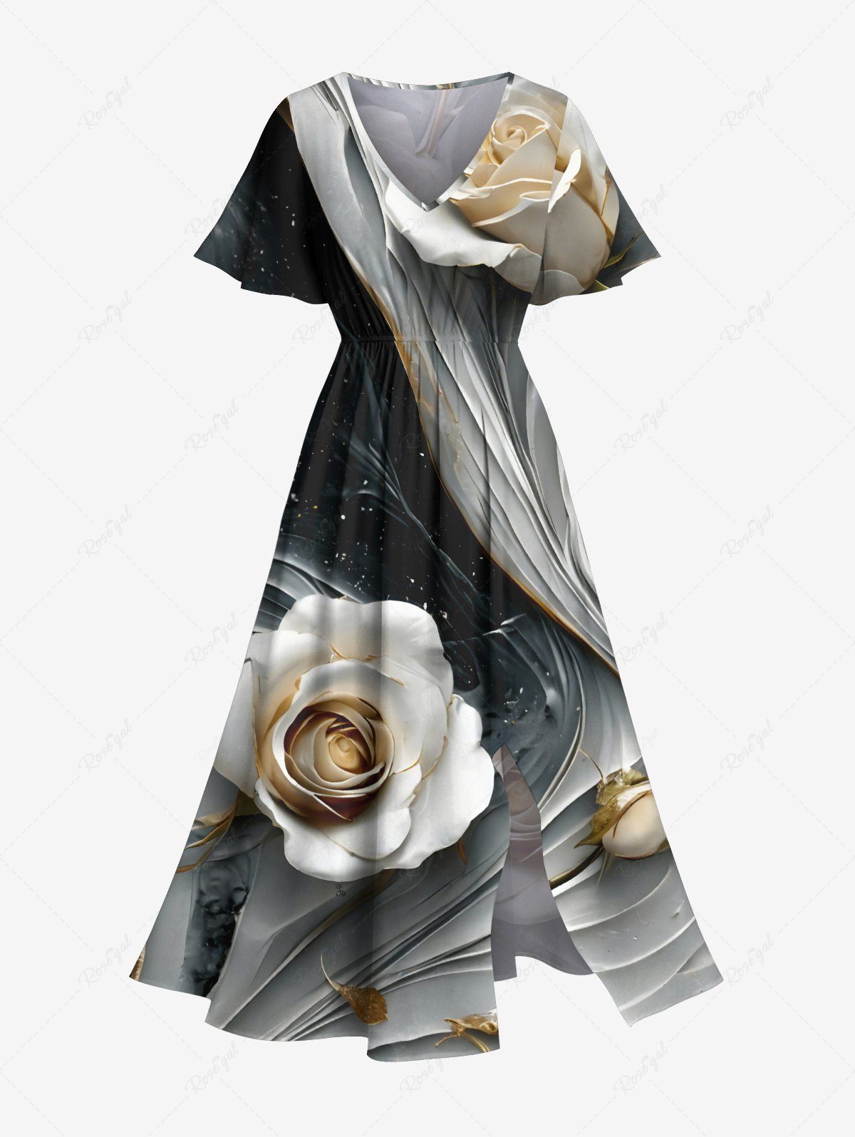 Unique Plus Size Rose Flower Curve Galaxy Print Hawaii Split Pocket A Line Midi Dress  