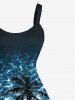 Tenue de Plage Trapèze à Imprimé Cocotiers et Eau Grande-Taille pour Couples - Bleu profond 