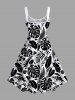 Robe Pin Up Feuille Tropicale Imprimée Ligne A de Grande Taille - Noir 6X