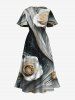 Plus Size Rose Flower Curve Galaxy Print Hawaii Split Pocket A Line Midi Dress - Noir XXS