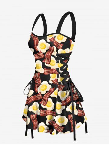 Bacon Fried Egg Print Lace Up Hawaii Tank Dress - BLACK - XL