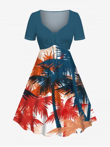 Plus Size Coconut Tree Print Hawaii Cinched Dress - GREEN - 5X